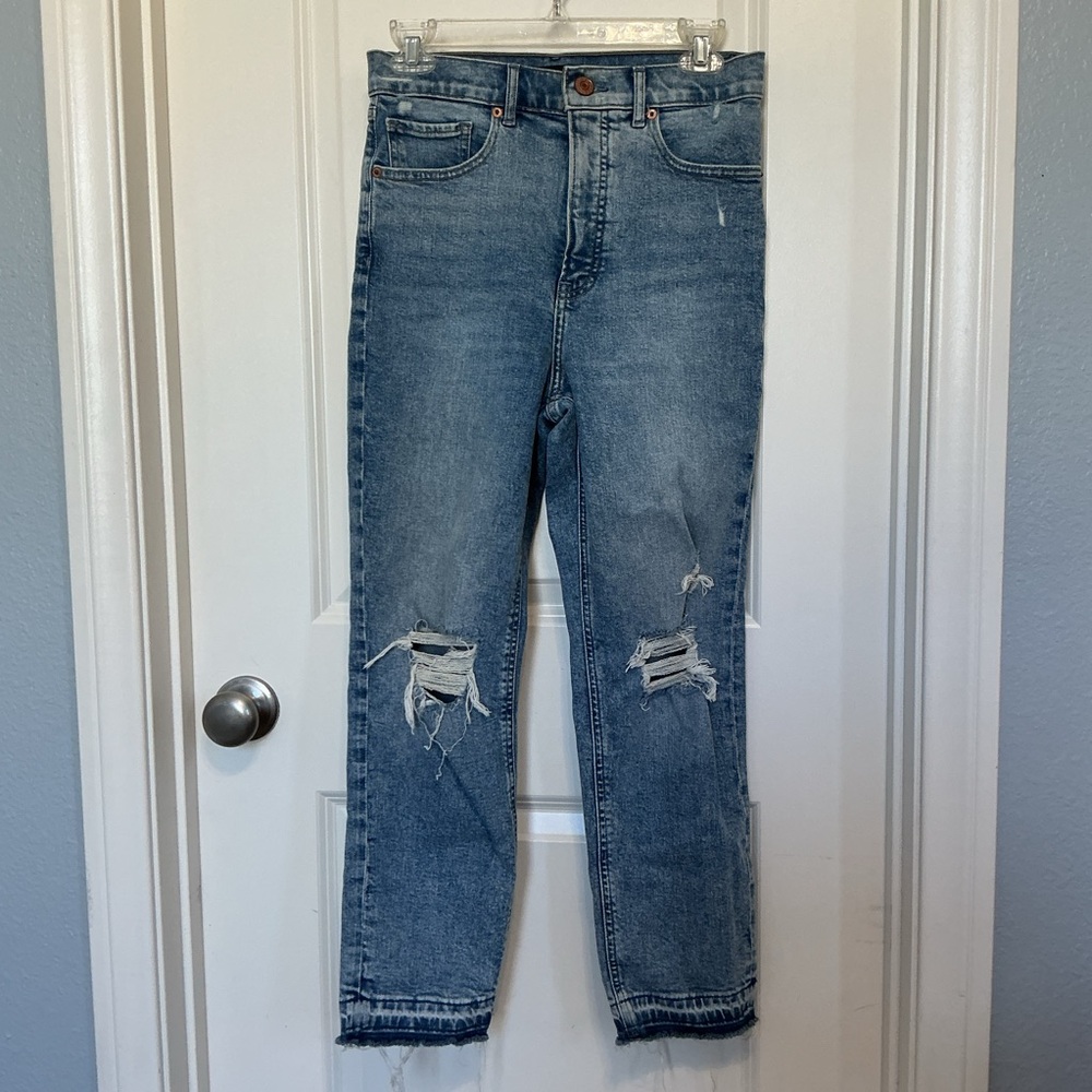 Express Womens Mom Super High Rise Jeans Size 4R Stretch Raw Hem Distressed